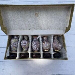 Set Of 5 Miniature Pink Floral Enamel Chinese Cloisonne Vases with Carved Stands